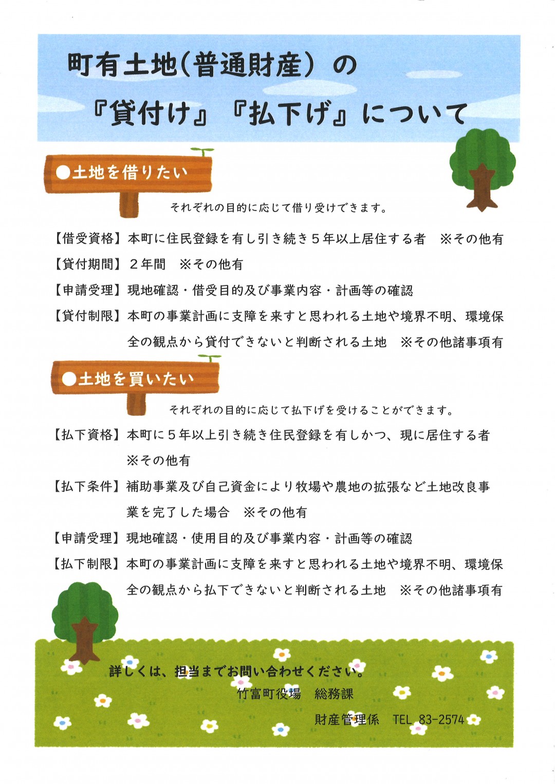 町有土地（普通財産）の貸付け、払下げについて