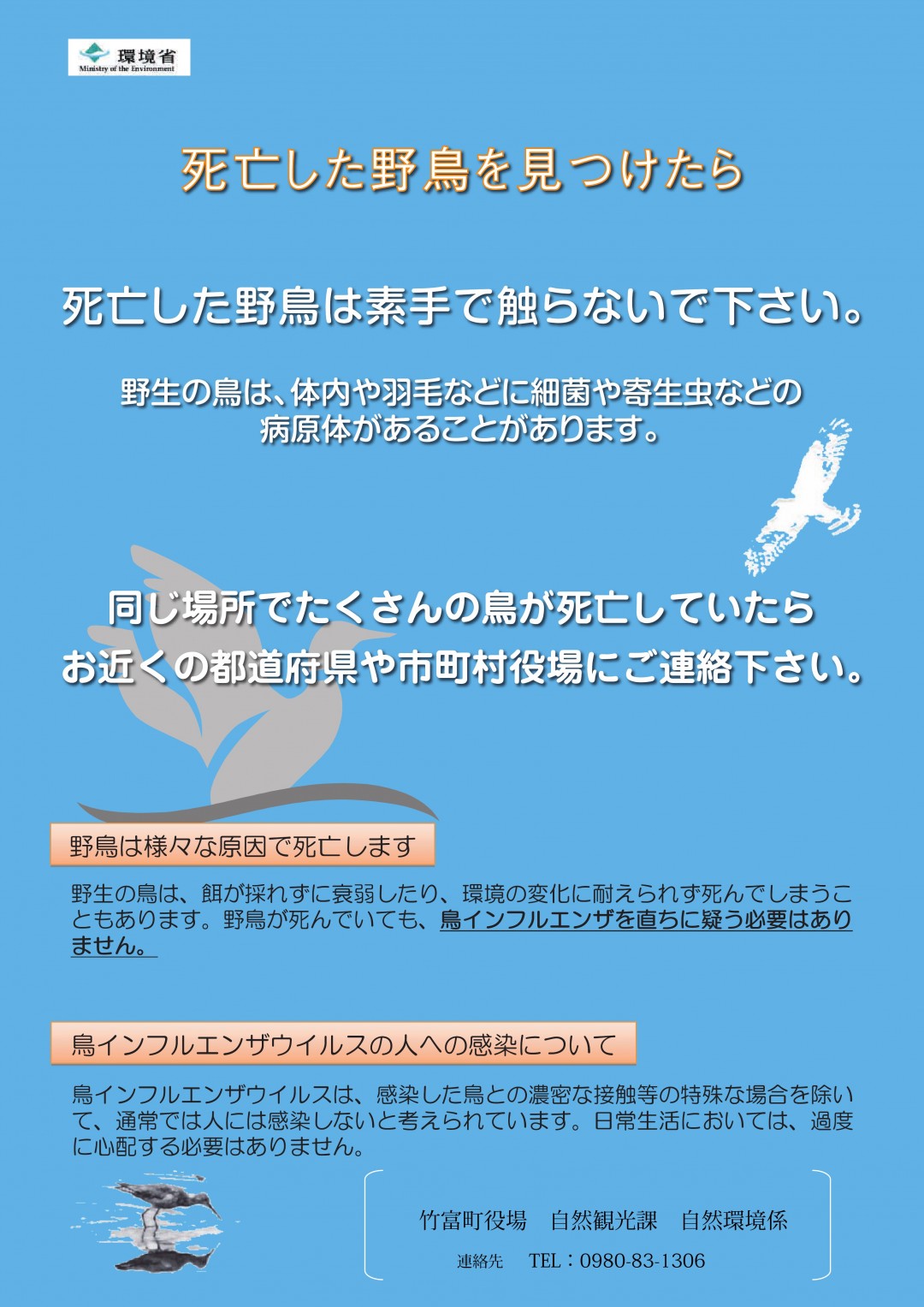 同じ場所でたくさんの野鳥などが死亡している場合には、お近くの都道府県や市町村役場にご連絡ください。 死亡した野鳥など野生動物の死亡個体を片付ける際には、素手で直接触らず、使い捨て手袋等を使用してください。 日常生活において野鳥など野生動物の排泄物等に触れた後には、手洗いとうがいをしていただければ、過度に心配する必要はありません。 野鳥の糞が靴の裏や車両に付くことにより、鳥インフルエンザウイルスが他の地域へ運ばれるおそれがありますので、野鳥に近づきすぎないようにしてください。特に、靴で糞を踏まないよう十分注意して、必要に応じて消毒を行ってください。 不必要に野鳥を追い立てたり、つかまえようとするのは避けてください。鳥インフルエンザウイルスは、野鳥観察など通常の接し方では、ヒトに感染しないと考えられています。正しい情報に基づいた、冷静な行動をお願いいたします。