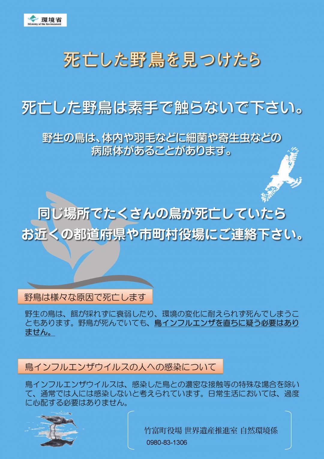 同じ場所でたくさんの野鳥などが死亡している場合には、お近くの都道府県や市町村役場にご連絡ください。 死亡した野鳥など野生動物の死亡個体を片付ける際には、素手で直接触らず、使い捨て手袋等を使用してください。 日常生活において野鳥など野生動物の排泄物等に触れた後には、手洗いとうがいをしていただければ、過度に心配する必要はありません。 野鳥の糞が靴の裏や車両に付くことにより、鳥インフルエンザウイルスが他の地域へ運ばれるおそれがありますので、野鳥に近づきすぎないようにしてください。特に、靴で糞を踏まないよう十分注意して、必要に応じて消毒を行ってください。 不必要に野鳥を追い立てたり、つかまえようとするのは避けてください。鳥インフルエンザウイルスは、野鳥観察など通常の接し方では、ヒトに感染しないと考えられています。正しい情報に基づいた、冷静な行動をお願いいたします。