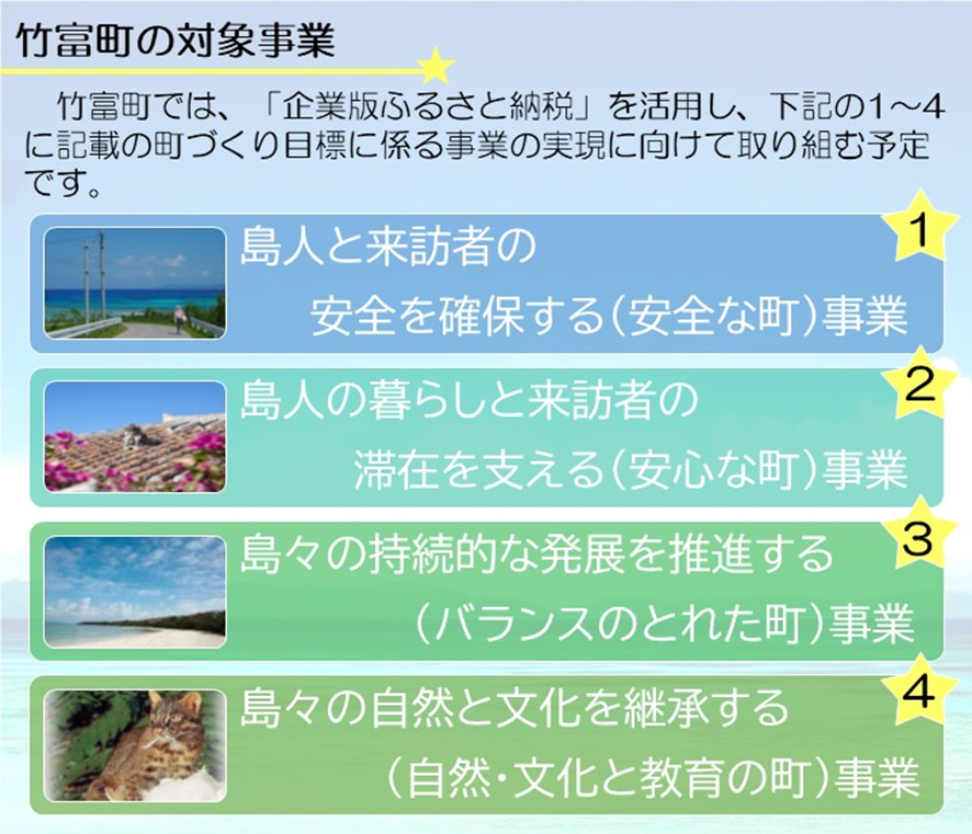 竹富町では企業版ふるさと納税を活用し、下記の１から４に記載の町づくり目標に係る事業の実現に向けて取り組む予定です。
